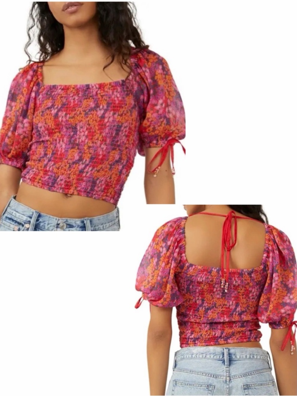 FREE PEOPLE NET Pink Floral Smocked Puff Sleeve Crop Top XS